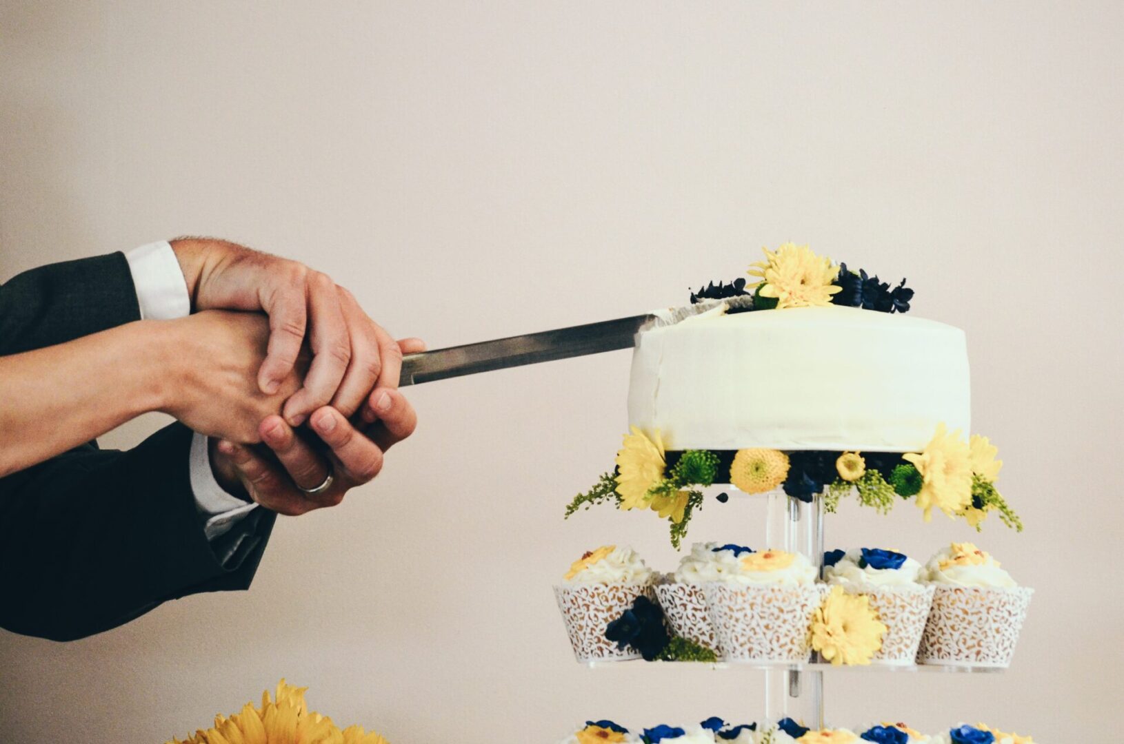 a couple cutting their wedding cake